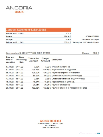 Download Cyprus Ancoria bank statement excel Photoshop template